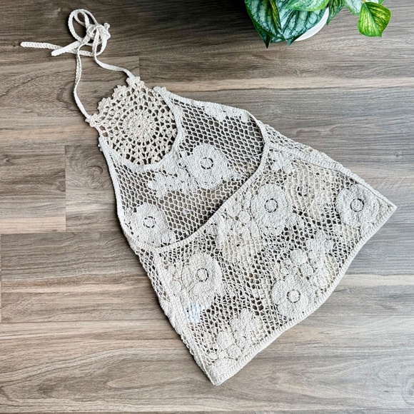 Zara Boho Ecru Floral Cotton Crochet Halter Strappy Top Size S - Picture 13 of 16